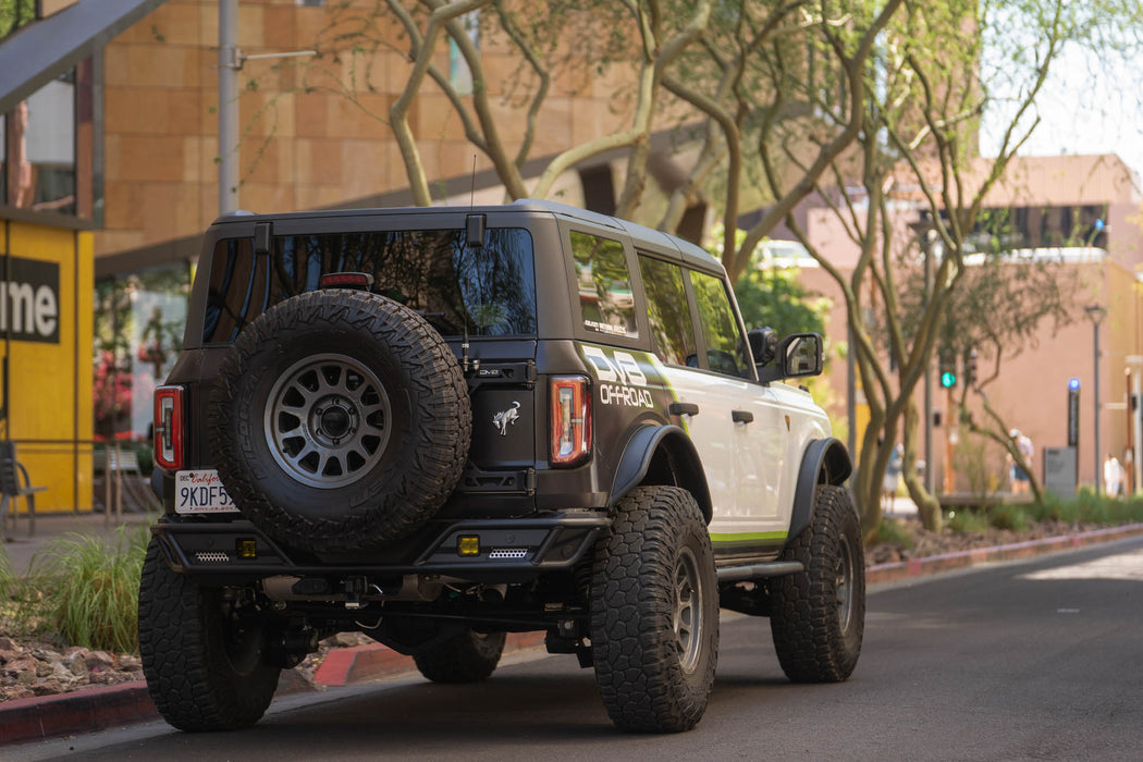 Downtown photoshoot of the Bronco with our Competition Series Bumpers, tree covered streets.