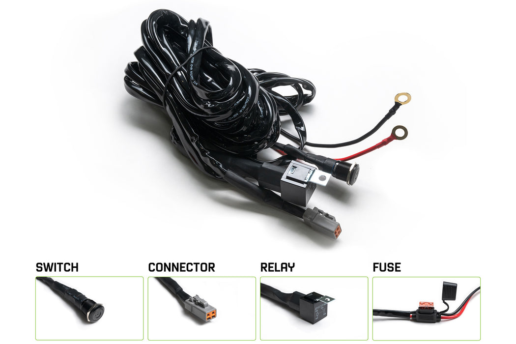 Wiring harness kit with switch, connector, relay, and fuse on a white background