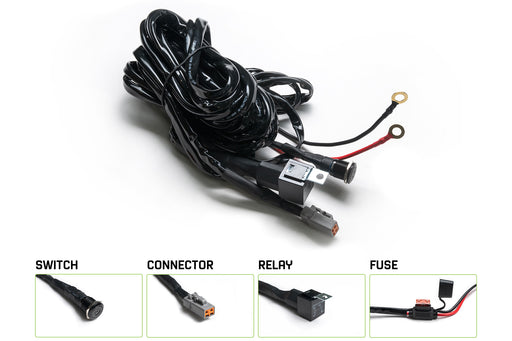 Wiring harness kit with switch, connector, relay, and fuse on a white background