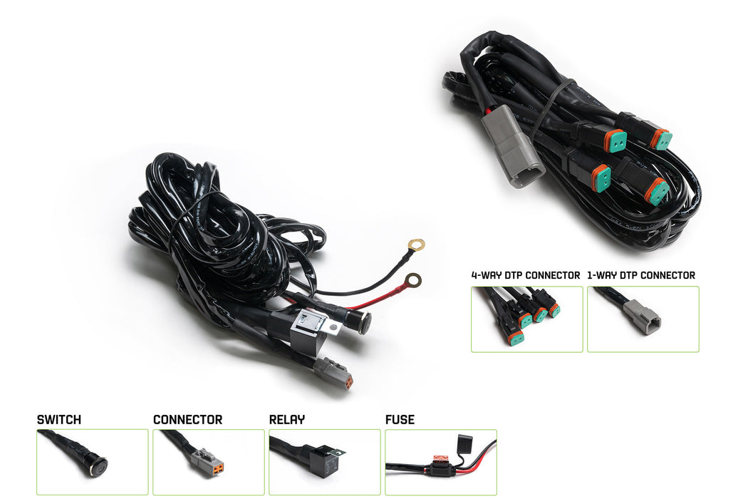 Car wiring harness kit with connectors and switches on a white background