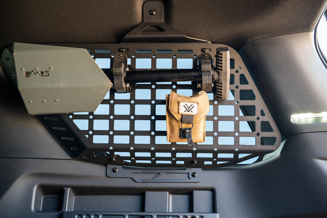 Rear Window Pocket Molle Panels for 6th Gen 4Runner with shovel and pouch.