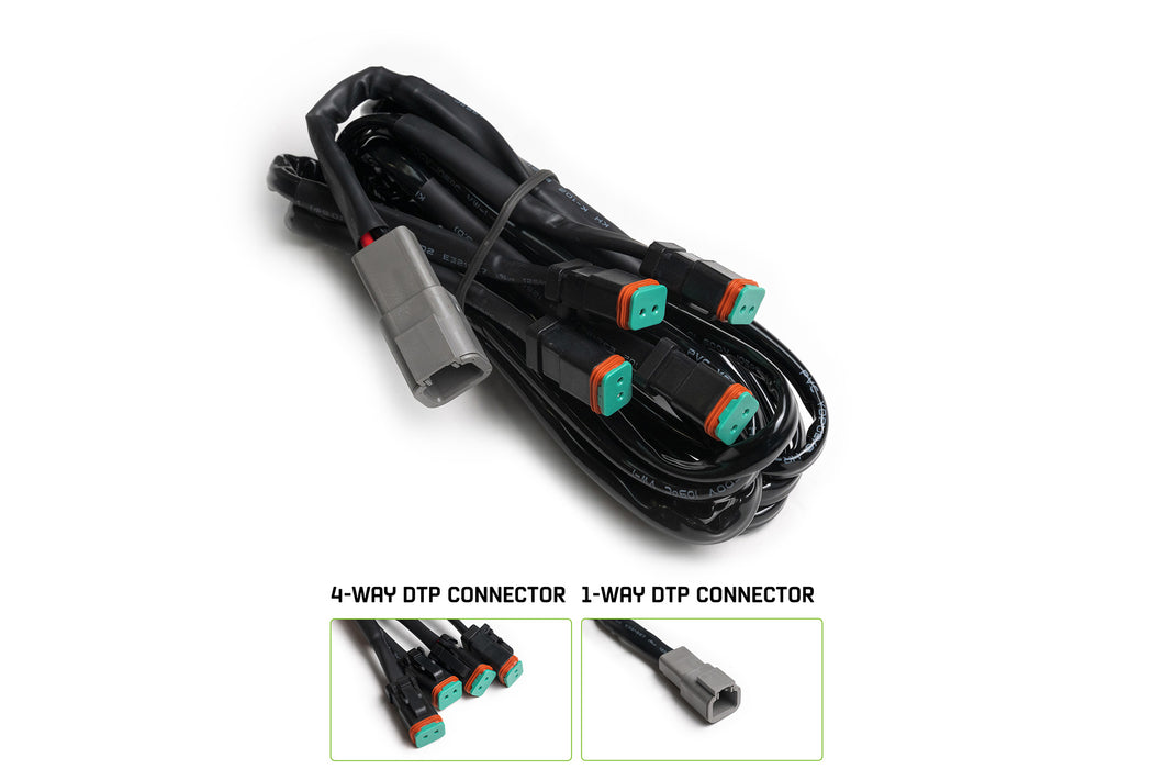 A black 4-way DT plug harness with multiple connectors.