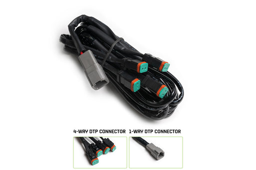 A black 4-way DT plug harness with multiple connectors.