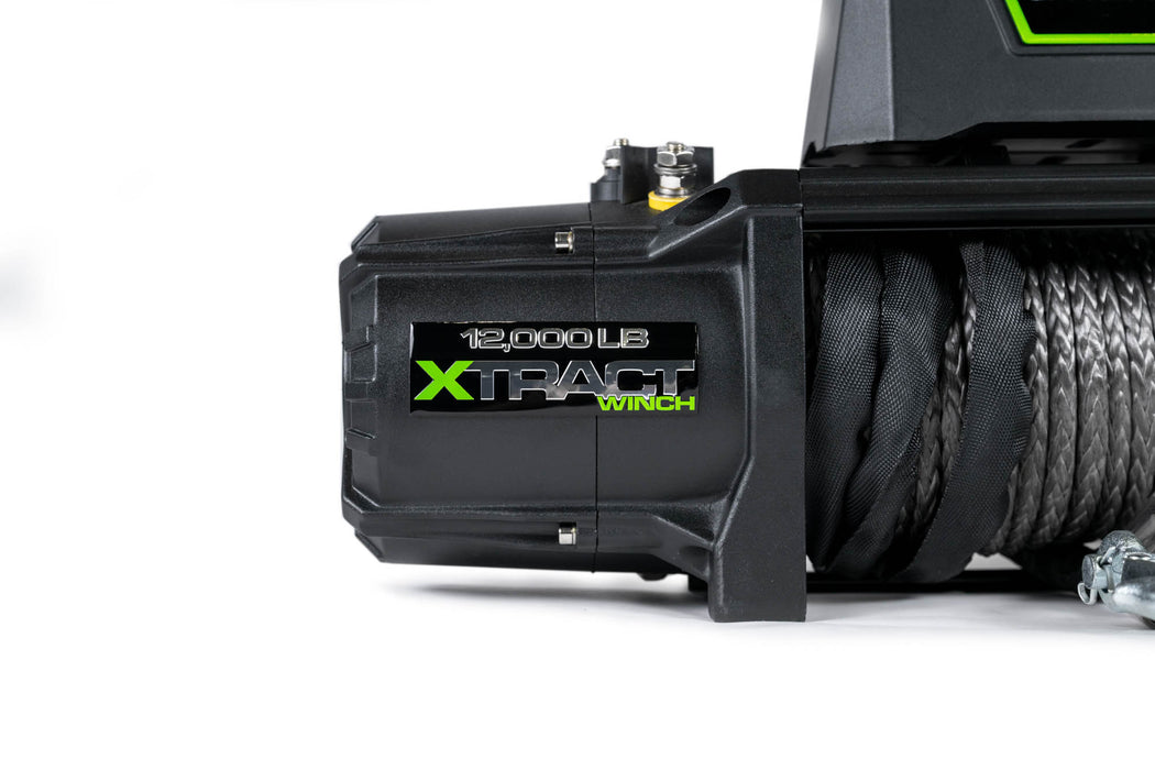 DV8 Xtract 12k Synthetic Rope Winch, Xtract logo on left side