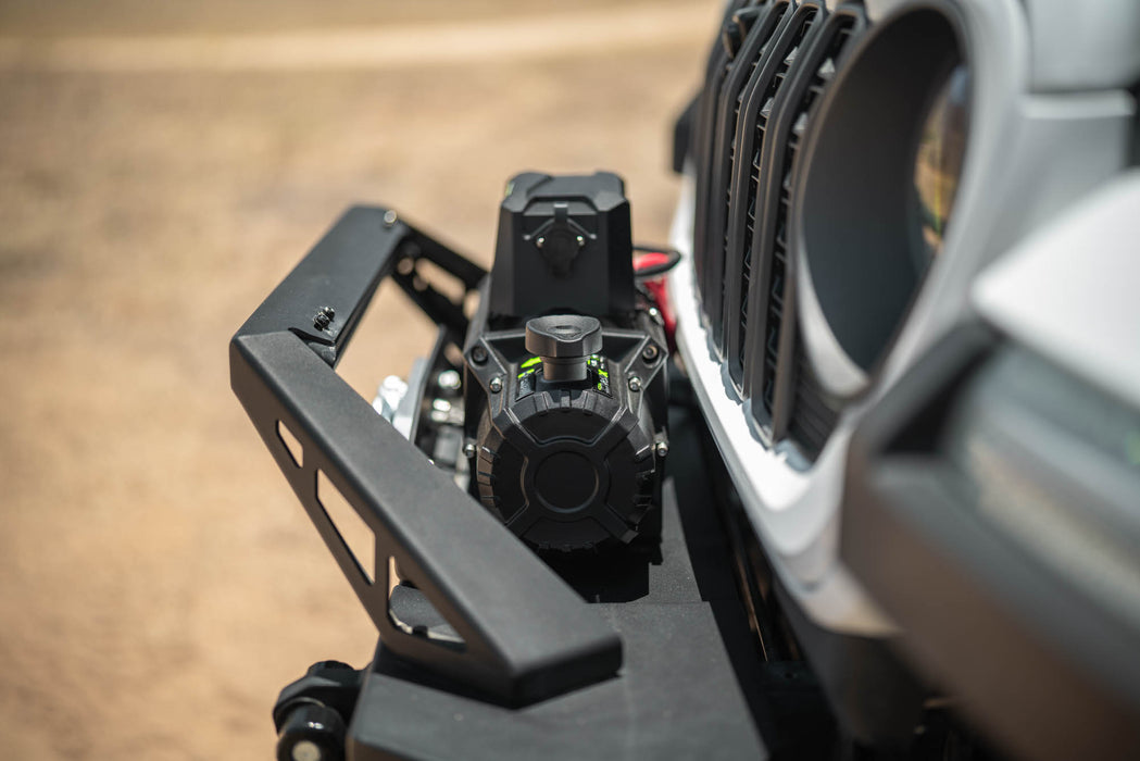 DV8 Xtract 12k Synthetic Rope Winch fits behind light hoop.