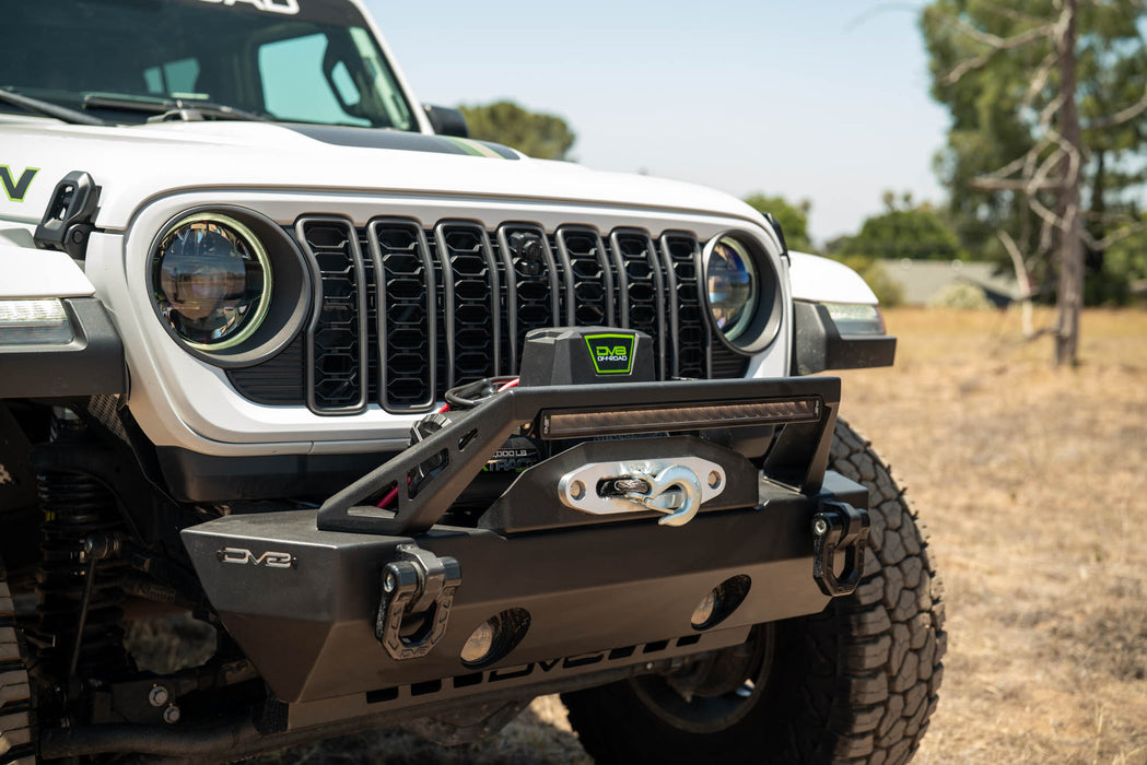 Installed DV8 Xtract 12k Synthetic Rope Winch with included hawse style fairlead and hook.