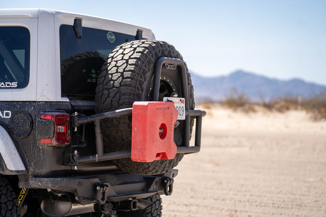 Rotopax mounted to the 2018-2025 Jeep Wrangler JL Body Mounted Tire Carrier