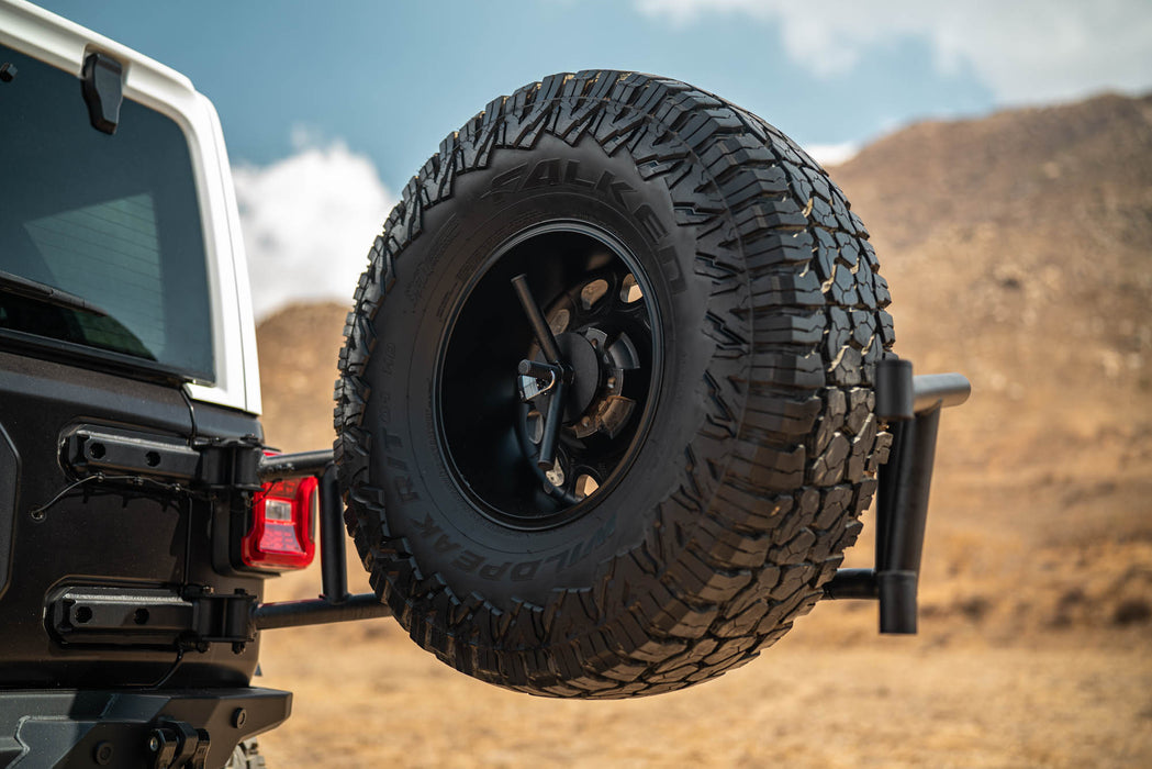 Tire on a 2018-2025 Jeep Wrangler JL Body Mounted Tire Carrier